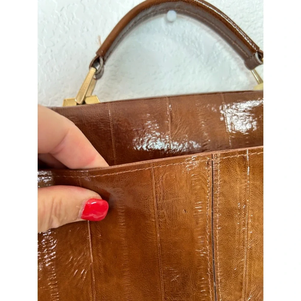 Vintage 80s Genuine Eel Skin Briefcase Brown Attache Bag Amiet Lock Korea VGUC